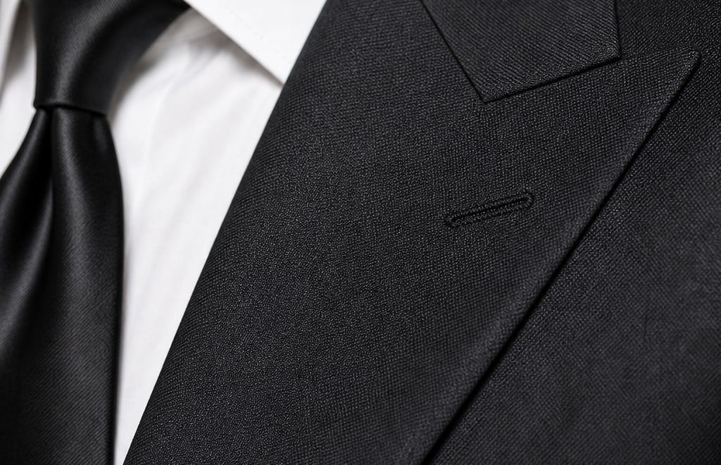 Крупно: остроконечный лацкан пиджака из гладкого тёмного полотна, белый платок в кармане