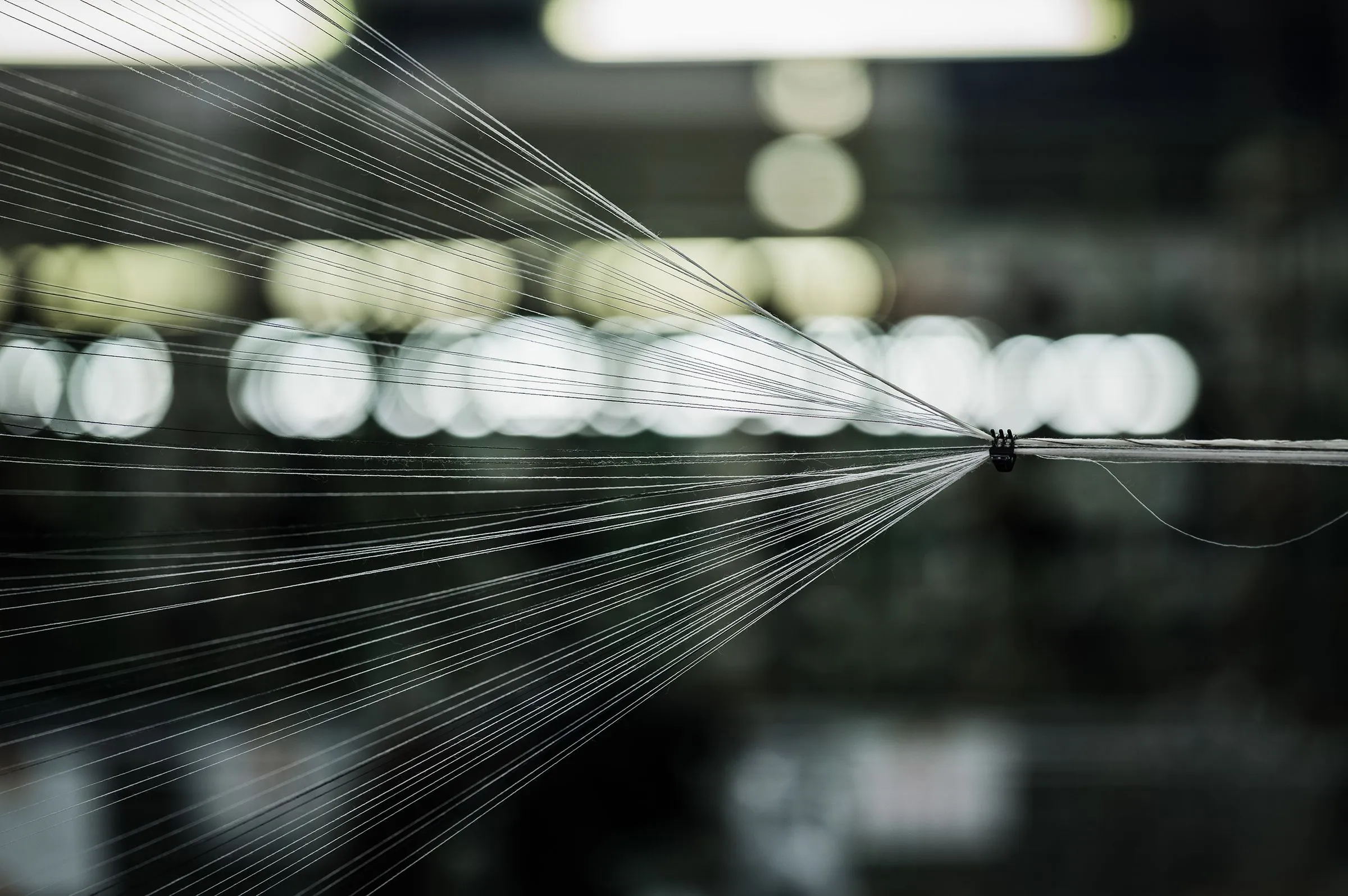 Нити основы веером уходят в станок, цех в размытии